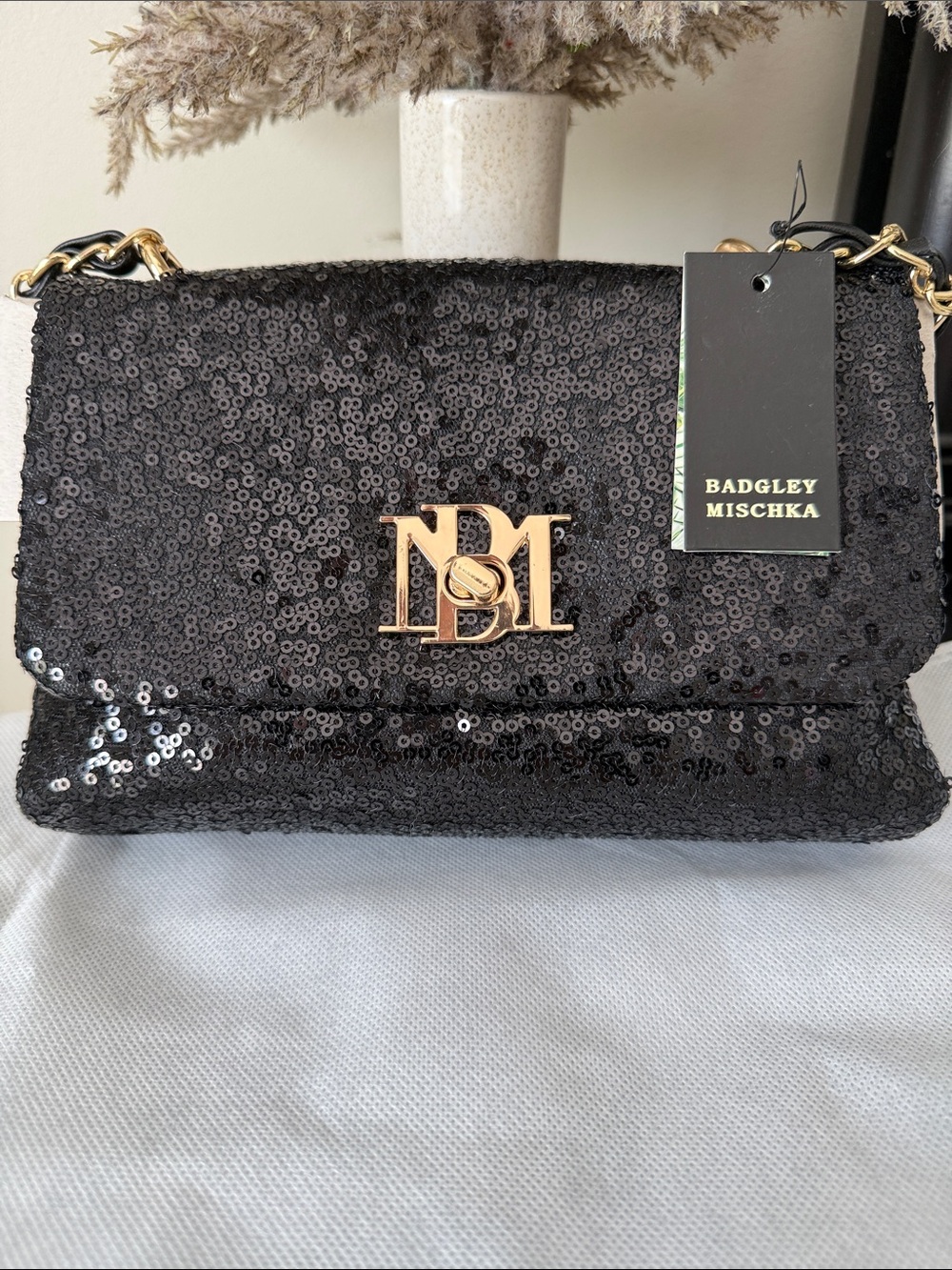 Badgley Mischka Black Sequin Shoulder Bag with Gold BM Logo NWT